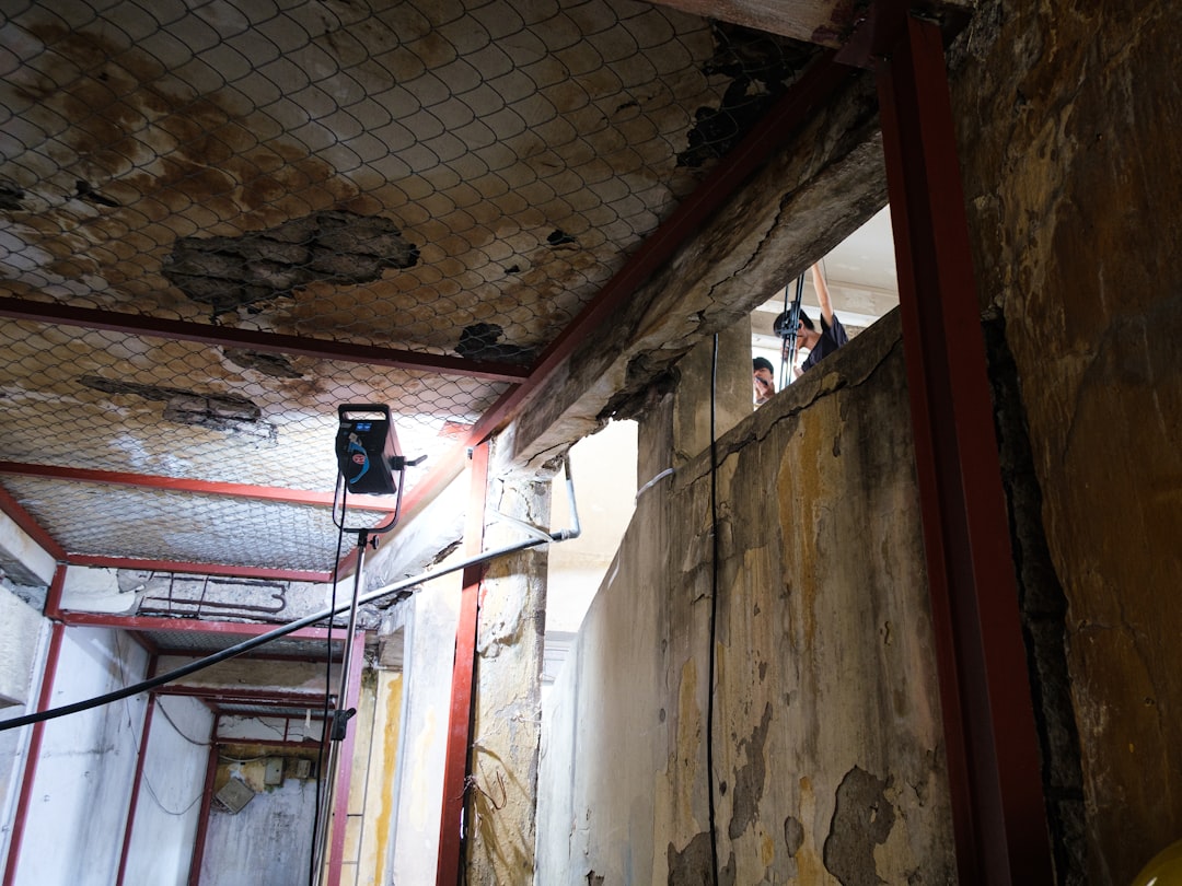 Damaged interior with exposed beams and peeling ceiling.